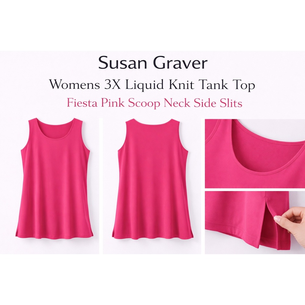 Susan Graver Womens 3X Liquid Knit Tank Top Fiesta Pink Scoop Neck Slits A231520